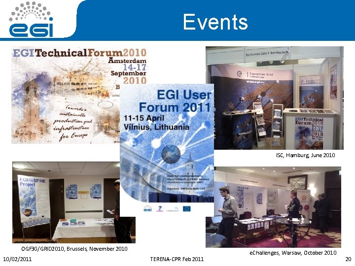 Events ISC, Hamburg, June 2010 OGF 30/GRID 2010, Brussels, November 2010 10/02/2011 TERENA-CPR Feb