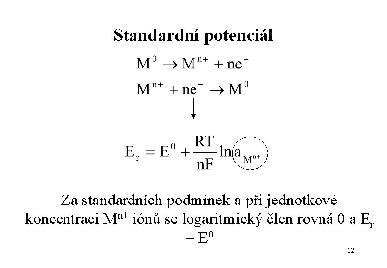 Standardní potenciál Za standardních podmínek a při jednotkové koncentraci Mn+ iónů se logaritmický člen