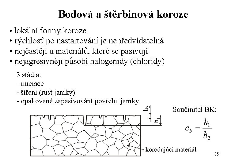 Bodová a štěrbinová koroze • lokální formy koroze • rýchlosť po nastartování je nepředvídatelná