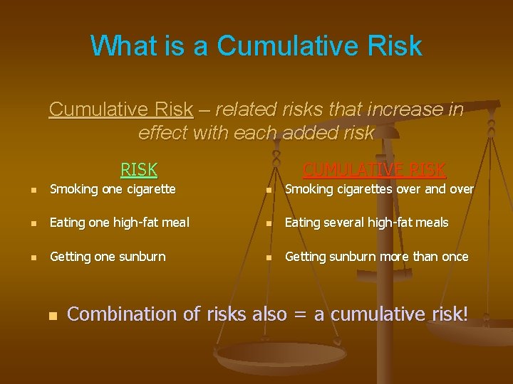 What is a Cumulative Risk – related risks that increase in effect with each