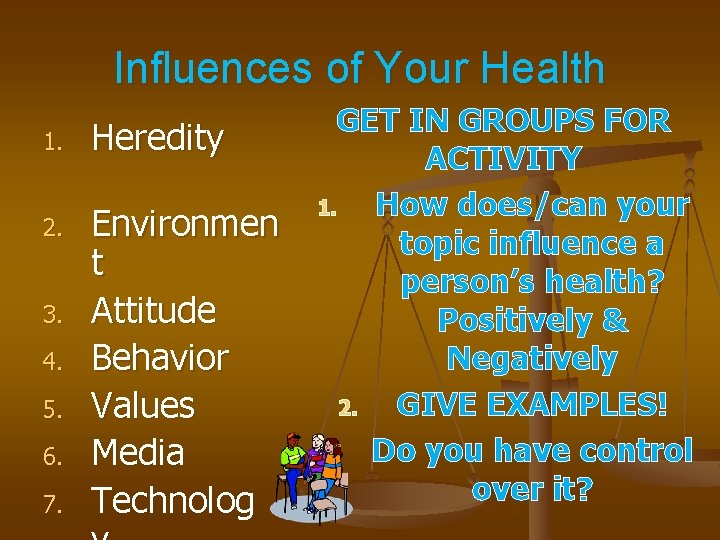 Influences of Your Health 1. 2. 3. 4. 5. 6. 7. Heredity Environmen t