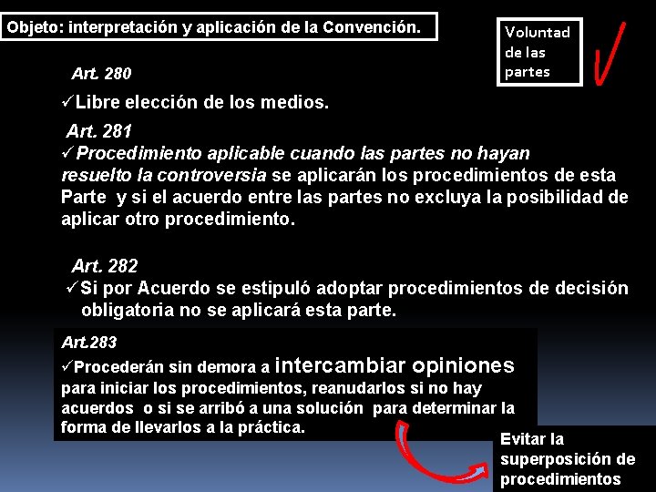 Objeto: interpretación y aplicación de la Convención. Art. 280 Voluntad de las partes üLibre