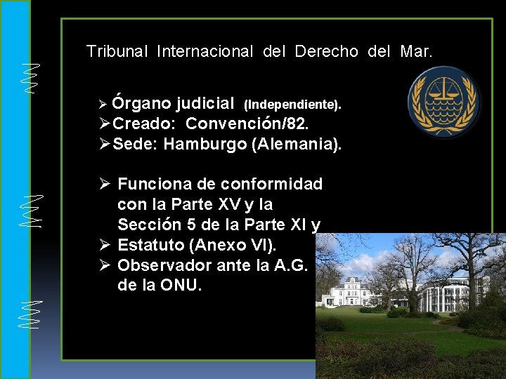 Tribunal Internacional del Derecho del Mar. Ø Órgano judicial (Independiente). ØCreado: Convención/82. ØSede: Hamburgo