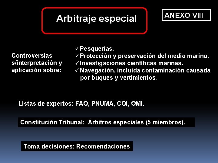 Arbitraje especial Controversias s/interpretación y aplicación sobre: ANEXO VIII üPesquerías. üProtección y preservación del