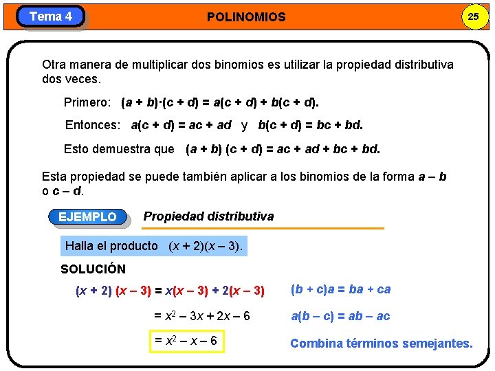 Tema 4 POLINOMIOS 25 Otra manera de multiplicar dos binomios es utilizar la propiedad