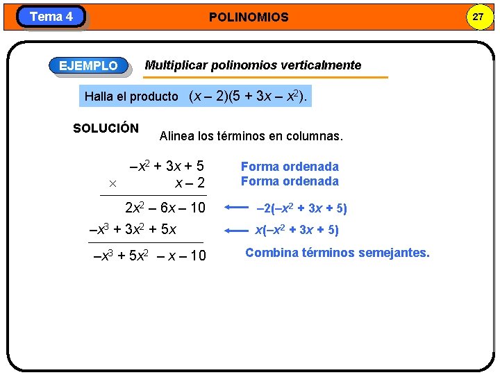 Tema 4 POLINOMIOS Multiplicar polinomios verticalmente EJEMPLO Halla el producto (x – 2)(5 +