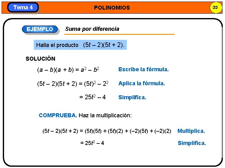 Tema 4 POLINOMIOS EJEMPLO 33 Suma por diferencia Halla el producto (5 t –