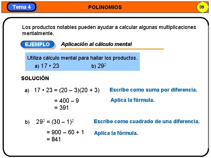 Tema 4 POLINOMIOS 35 Los productos notables pueden ayudar a calcular algunas multiplicaciones mentalmente.