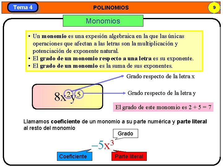 Tema 4 POLINOMIOS Monomios • Un monomio es una expesión algebraica en la que