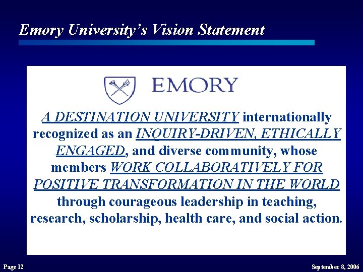 Emory University’s Vision Statement A DESTINATION UNIVERSITY internationally recognized as an INQUIRY-DRIVEN, ETHICALLY ENGAGED, Emory University’s Vision Statement A DESTINATION UNIVERSITY internationally recognized as an INQUIRY-DRIVEN, ETHICALLY ENGAGED,