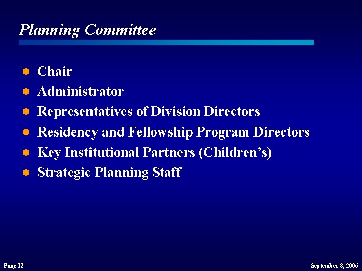 Planning Committee l l l Page 32 Chair Administrator Representatives of Division Directors Residency Planning Committee l l l Page 32 Chair Administrator Representatives of Division Directors Residency
