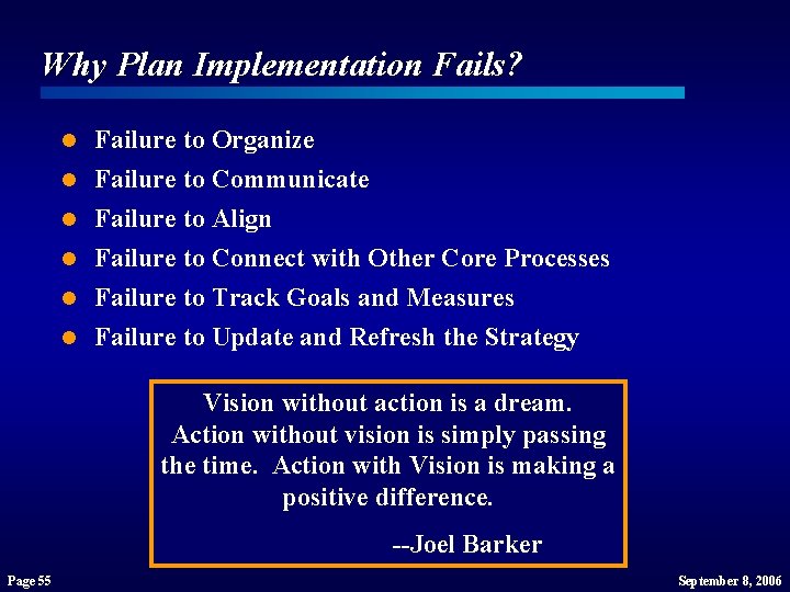 Why Plan Implementation Fails? l Failure to Organize l Failure to Communicate Failure to Why Plan Implementation Fails? l Failure to Organize l Failure to Communicate Failure to