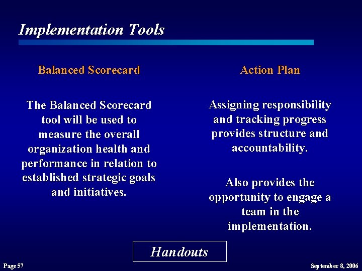 Implementation Tools Balanced Scorecard Action Plan The Balanced Scorecard tool will be used to Implementation Tools Balanced Scorecard Action Plan The Balanced Scorecard tool will be used to