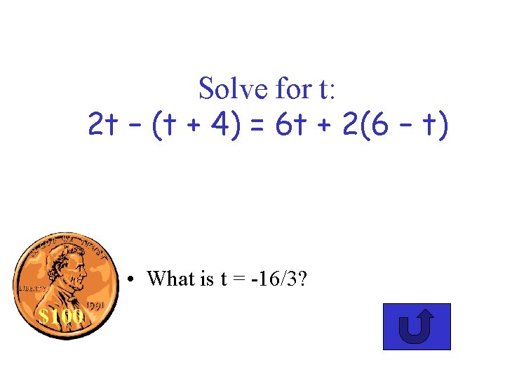 Solve for t: 2 t – (t + 4) = 6 t + 2(6