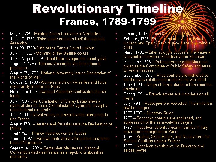Revolutionary Timeline France, 1789 -1799 • • • • May 5, 1789 - Estates Revolutionary Timeline France, 1789 -1799 • • • • May 5, 1789 - Estates