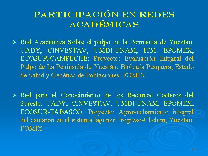Participación en Redes académicas Ø Red Académica Sobre el pulpo de la Península de