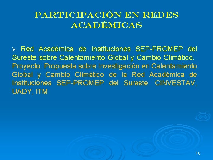 Participación en Redes académicas Red Académica de Instituciones SEP-PROMEP del Sureste sobre Calentamiento Global