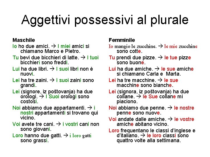 Aggettivi possessivi al plurale Maschile Io ho due amici. I miei amici si chiamano