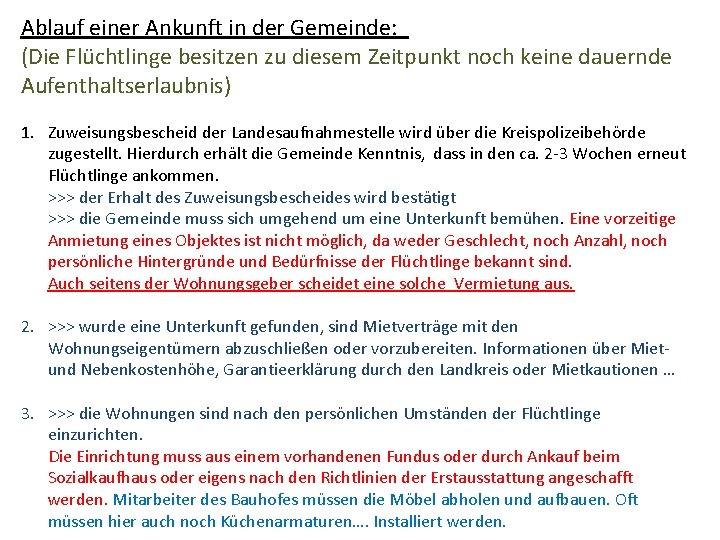 Ablauf einer Ankunft in der Gemeinde: (Die Flüchtlinge besitzen zu diesem Zeitpunkt noch keine