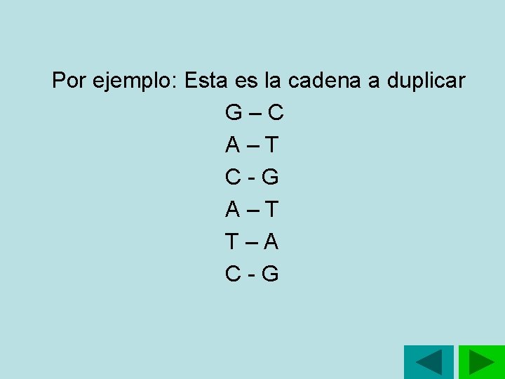 Por ejemplo: Esta es la cadena a duplicar G – C A – T Por ejemplo: Esta es la cadena a duplicar G – C A – T