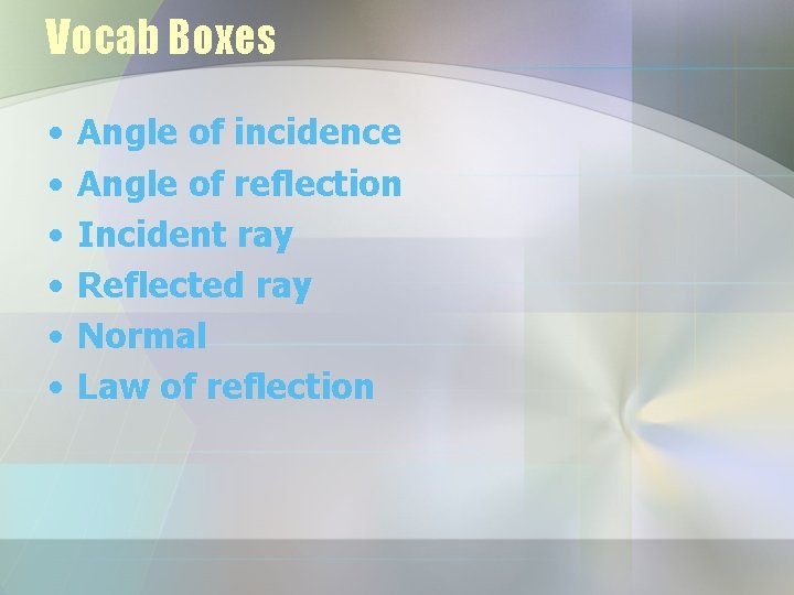 Vocab Boxes • • • Angle of incidence Angle of reflection Incident ray Reflected Vocab Boxes • • • Angle of incidence Angle of reflection Incident ray Reflected