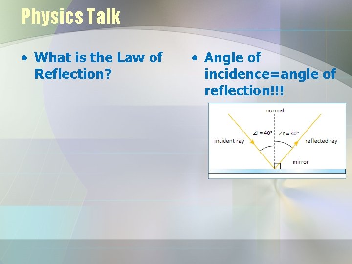 Physics Talk • What is the Law of Reflection? • Angle of incidence=angle of Physics Talk • What is the Law of Reflection? • Angle of incidence=angle of