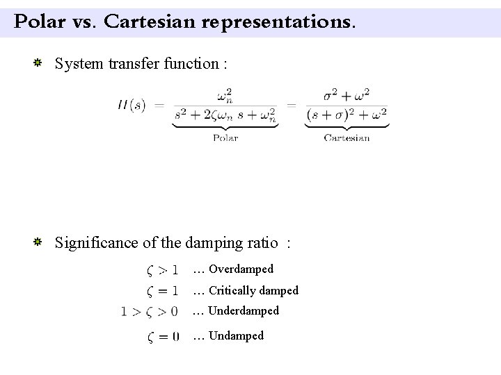 Polar vs. Cartesian representations. System transfer function : Significance of the damping ratio :