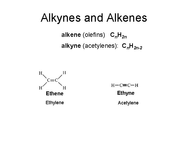 Alkynes and Alkenes alkene (olefins): Cn. H 2 n alkyne (acetylenes): Cn. H 2