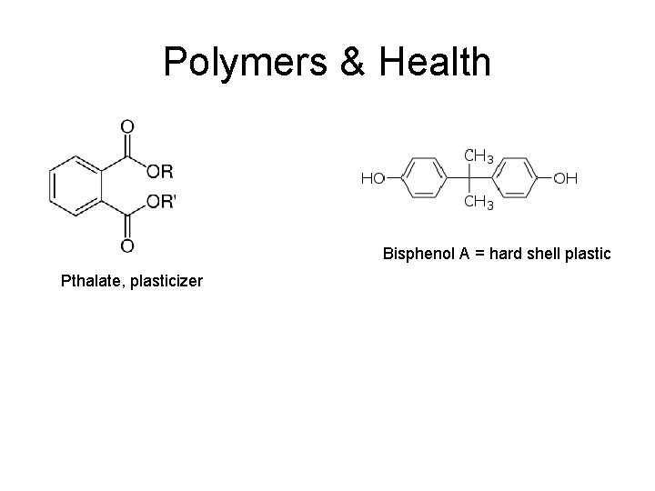 Polymers & Health Bisphenol A = hard shell plastic Pthalate, plasticizer 