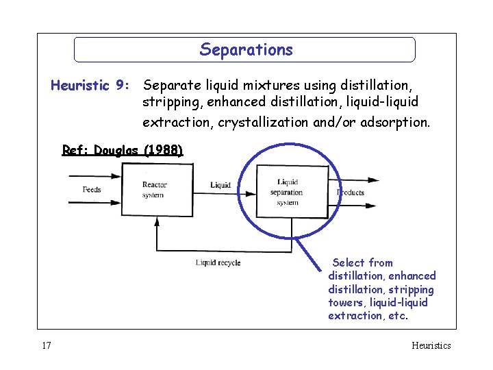 Separations Heuristic 9: Separate liquid mixtures using distillation, stripping, enhanced distillation, liquid-liquid extraction, crystallization