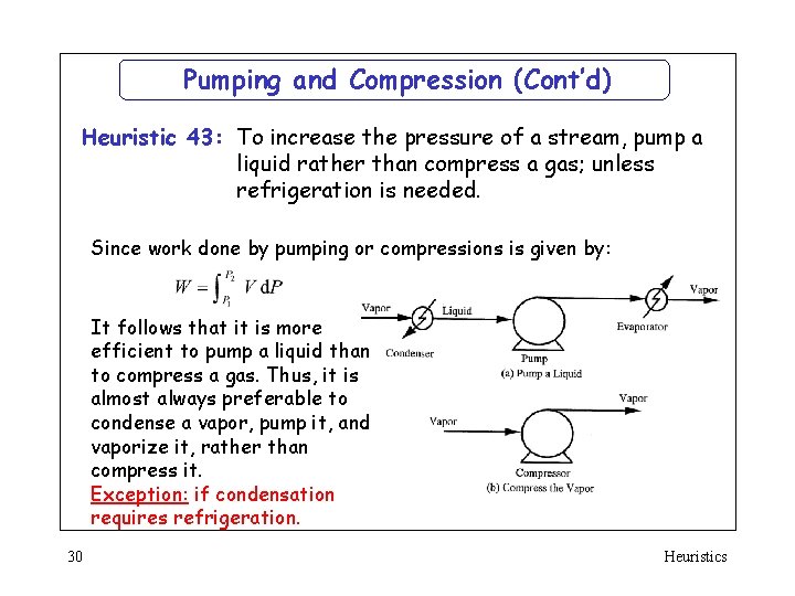 Pumping and Compression (Cont’d) Heuristic 43: To increase the pressure of a stream, pump