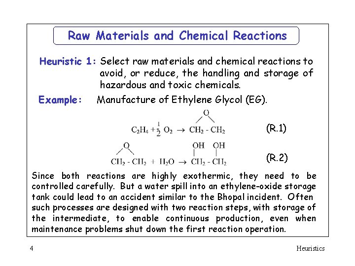 Raw Materials and Chemical Reactions Heuristic 1: Select raw materials and chemical reactions to