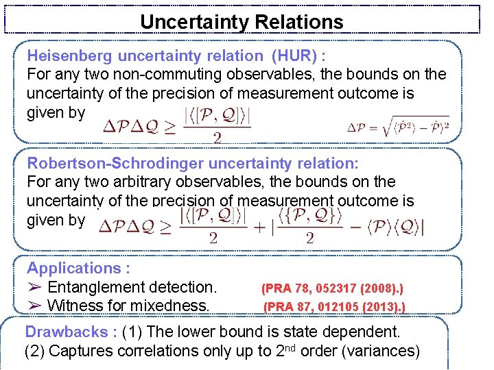 Uncertainty Relations Heisenberg uncertainty relation (HUR) : For any two non-commuting observables, the bounds