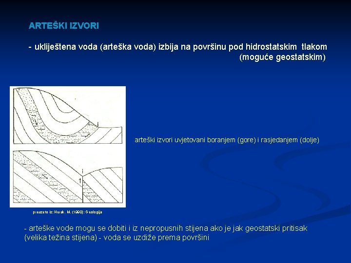 ARTEŠKI IZVORI - ukliještena voda (arteška voda) izbija na površinu pod hidrostatskim tlakom (moguće