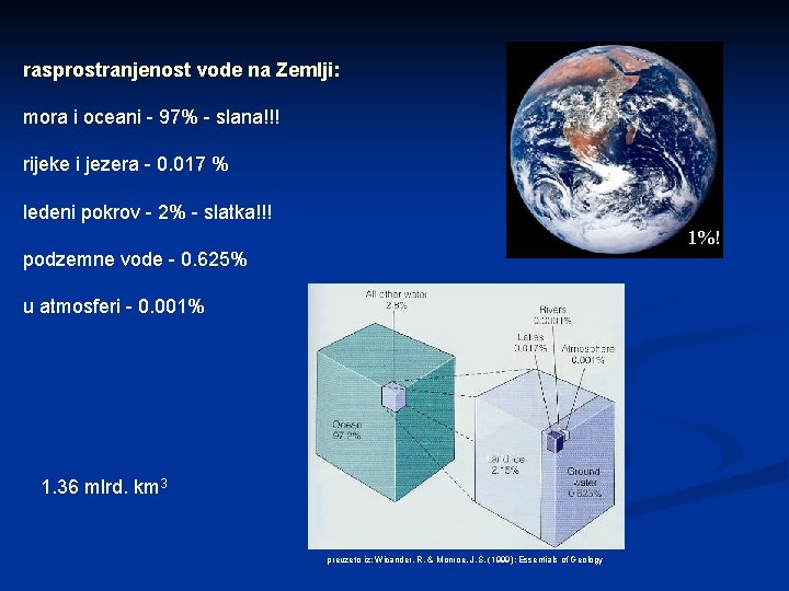 rasprostranjenost vode na Zemlji: mora i oceani - 97% - slana!!! rijeke i jezera