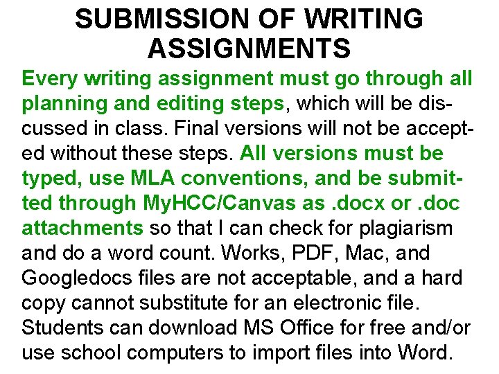 SUBMISSION OF WRITING ASSIGNMENTS Every writing assignment must go through all planning and editing