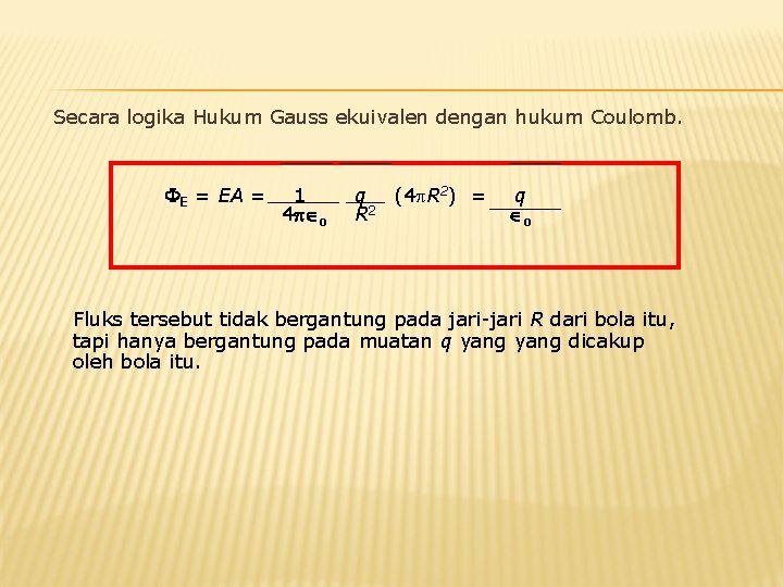 Secara logika Hukum Gauss ekuivalen dengan hukum Coulomb. E = EA = 1 4 Secara logika Hukum Gauss ekuivalen dengan hukum Coulomb. E = EA = 1 4
