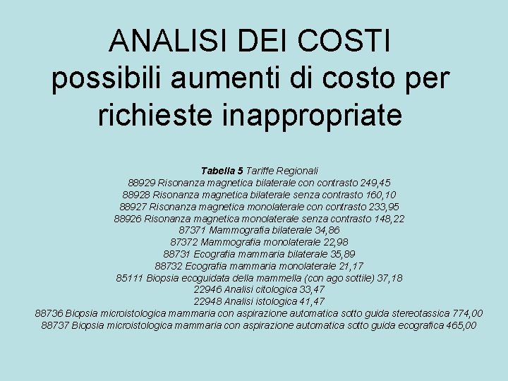 ANALISI DEI COSTI possibili aumenti di costo per richieste inappropriate Tabella 5 Tariffe Regionali