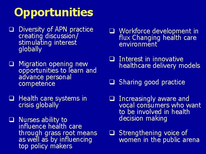 Opportunities q Diversity of APN practice creating discussion/ stimulating interest globally q Migration opening