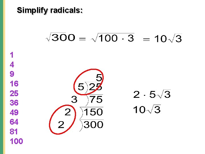 Simplify radicals: 1 4 9 16 25 36 49 64 81 100 