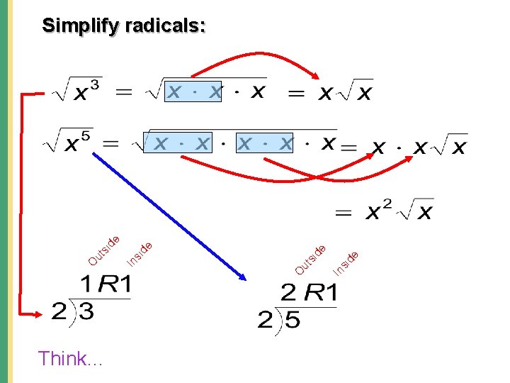 Think… de In si si de ut O Simplify radicals: 