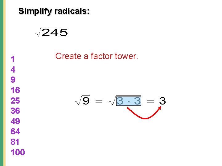 Simplify radicals: 1 4 9 16 25 36 49 64 81 100 Create a