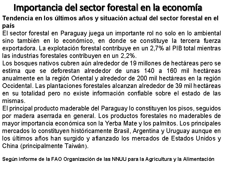 Importancia del sector forestal en la economía Tendencia en los últimos años y situación