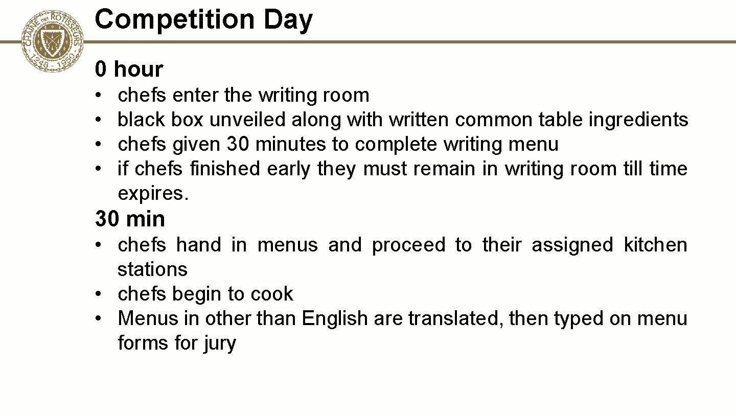 Competition Day 0 hour • • chefs enter the writing room black box unveiled