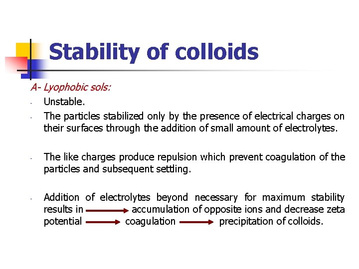 Stability of colloids A- Lyophobic sols: - - - Unstable. The particles stabilized only
