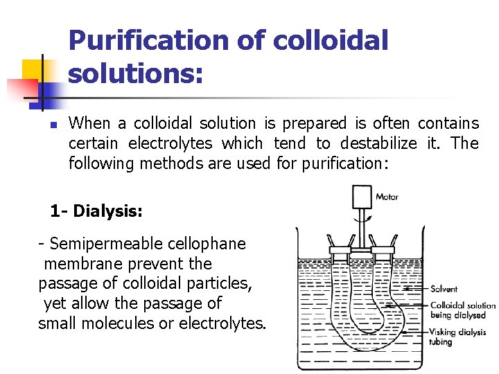 Purification of colloidal solutions: n When a colloidal solution is prepared is often contains