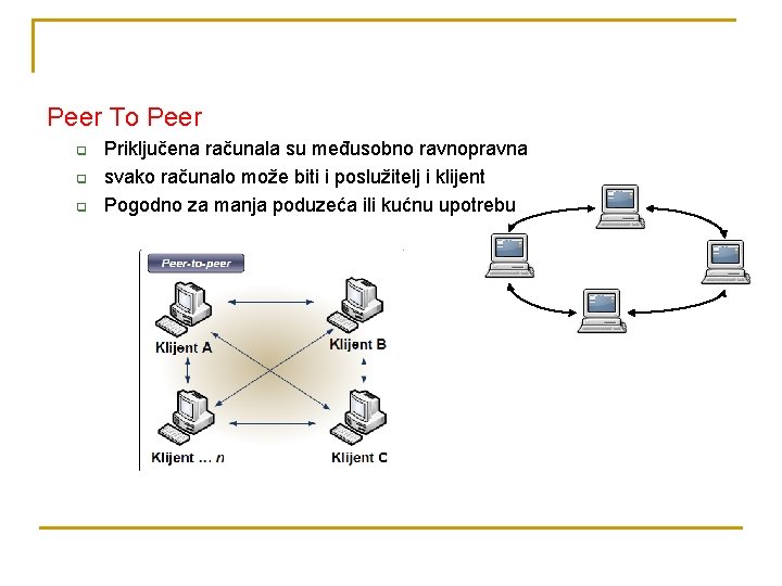 Peer To Peer q q q Priključena računala su međusobno ravnopravna svako računalo može