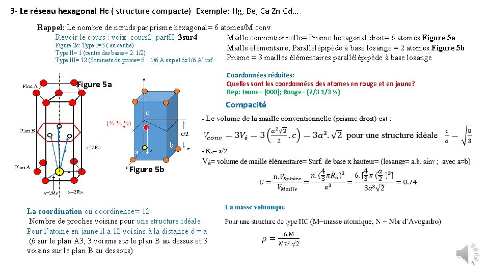 3 - Le réseau hexagonal Hc ( structure compacte) Exemple: Hg, Be, Ca Zn
