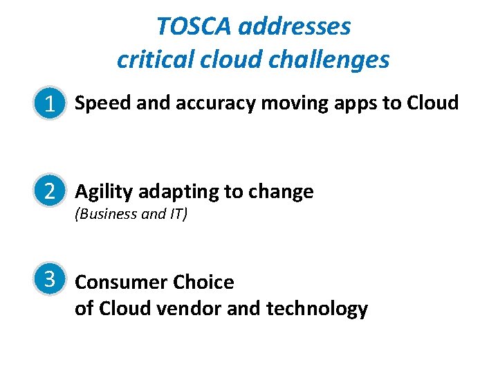 TOSCA addresses critical cloud challenges 1 Speed and accuracy moving apps to Cloud 2