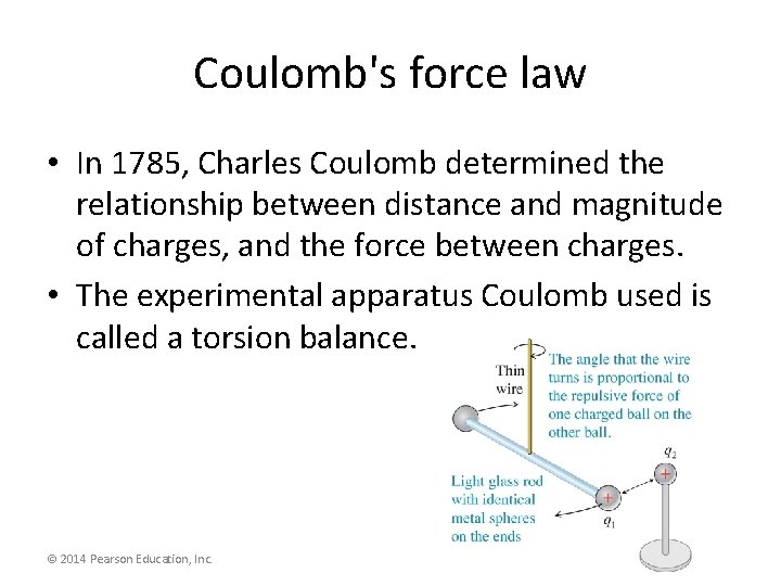 Coulomb's force law • In 1785, Charles Coulomb determined the relationship between distance and